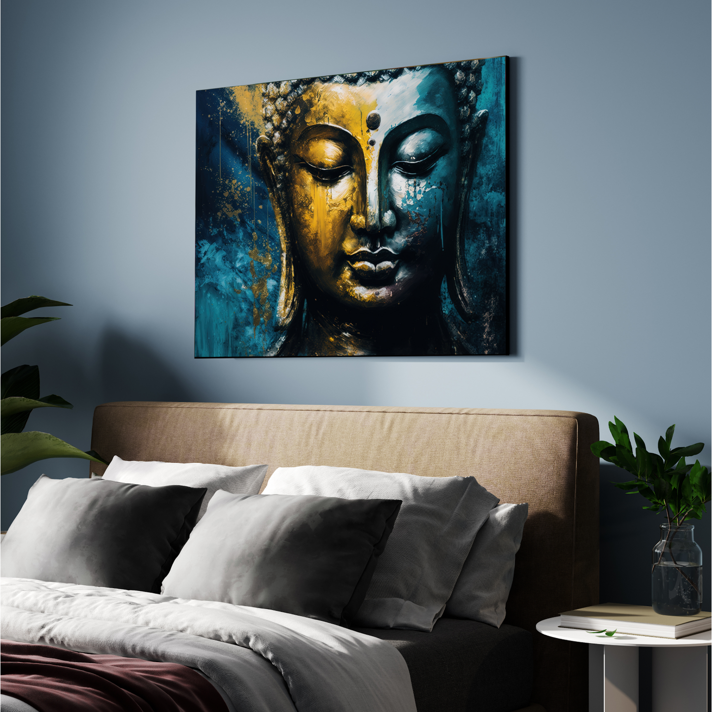 Meditating Buddha Gold & Blue Brush Paint Wood Print Wall Art