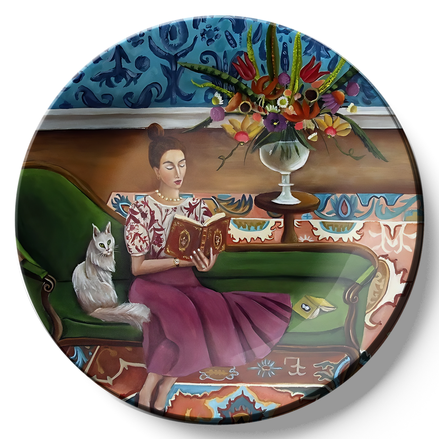 woman reading a book painting decorative plates