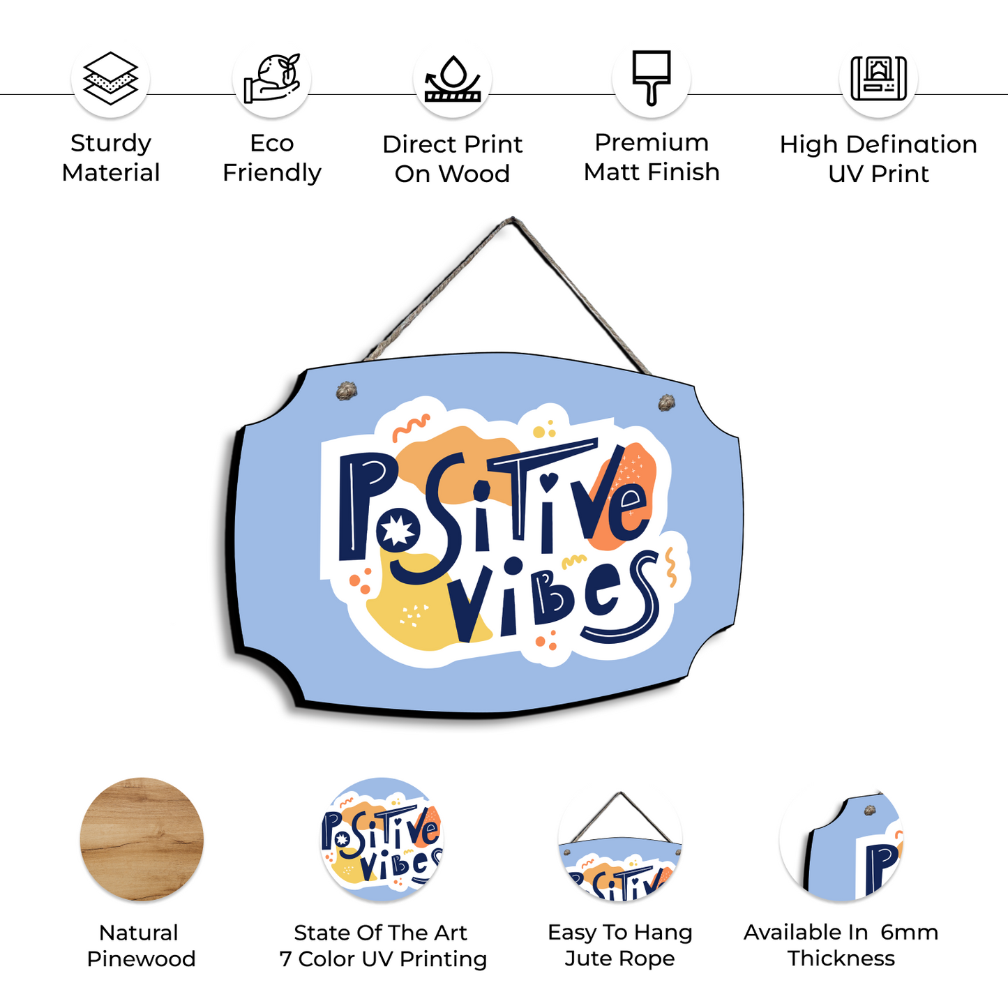 Positive Vibes Wood Print Colorful Wall or Door Hanging