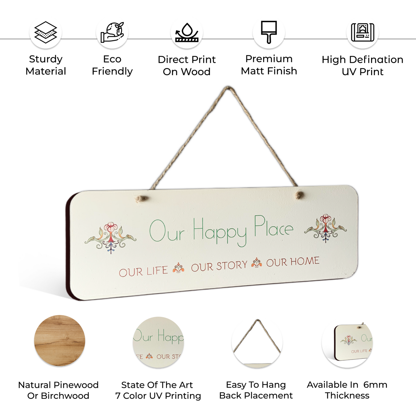Our Happy Place Wood Print Colorful Wall or Door Hanging