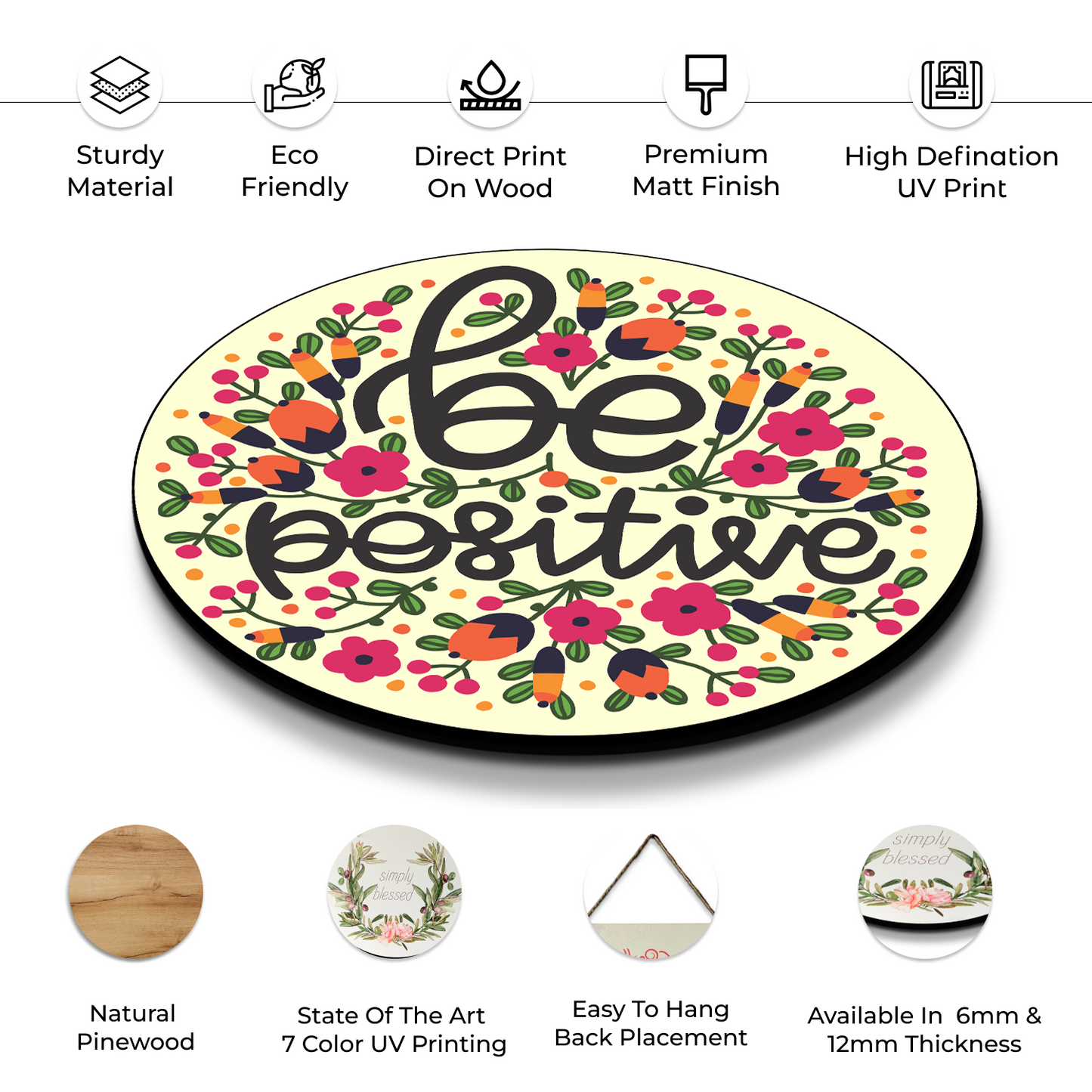 Be Positive Wood Print Colorful Wall or Door Hanging