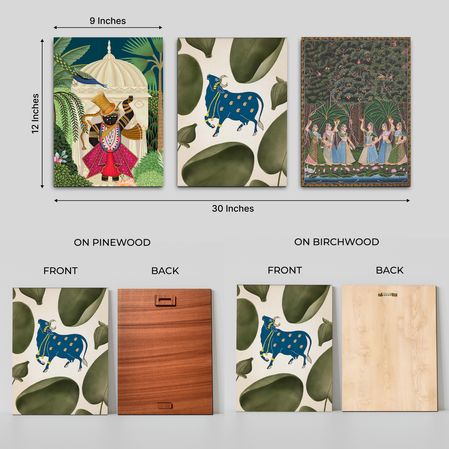 Set of 3 Shrinath Ji and Gopi Pichwai Wood Print Wall Art