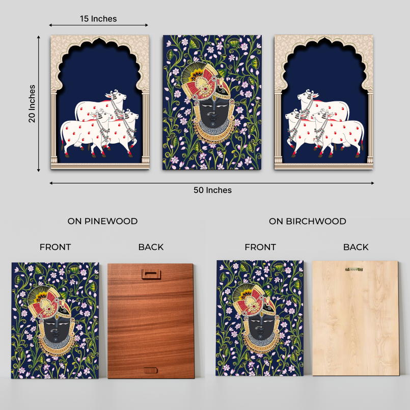 Set of 3 Shrinath Ji Pichwai Wood Print Wall Art-Blue