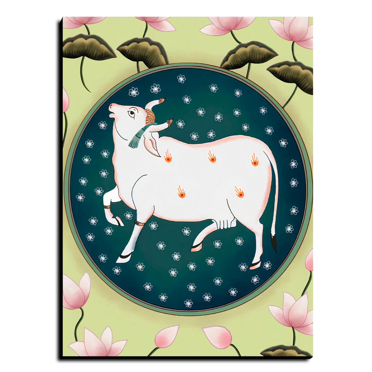 Cow and Lotus Pichwai Wood Print Wall Art