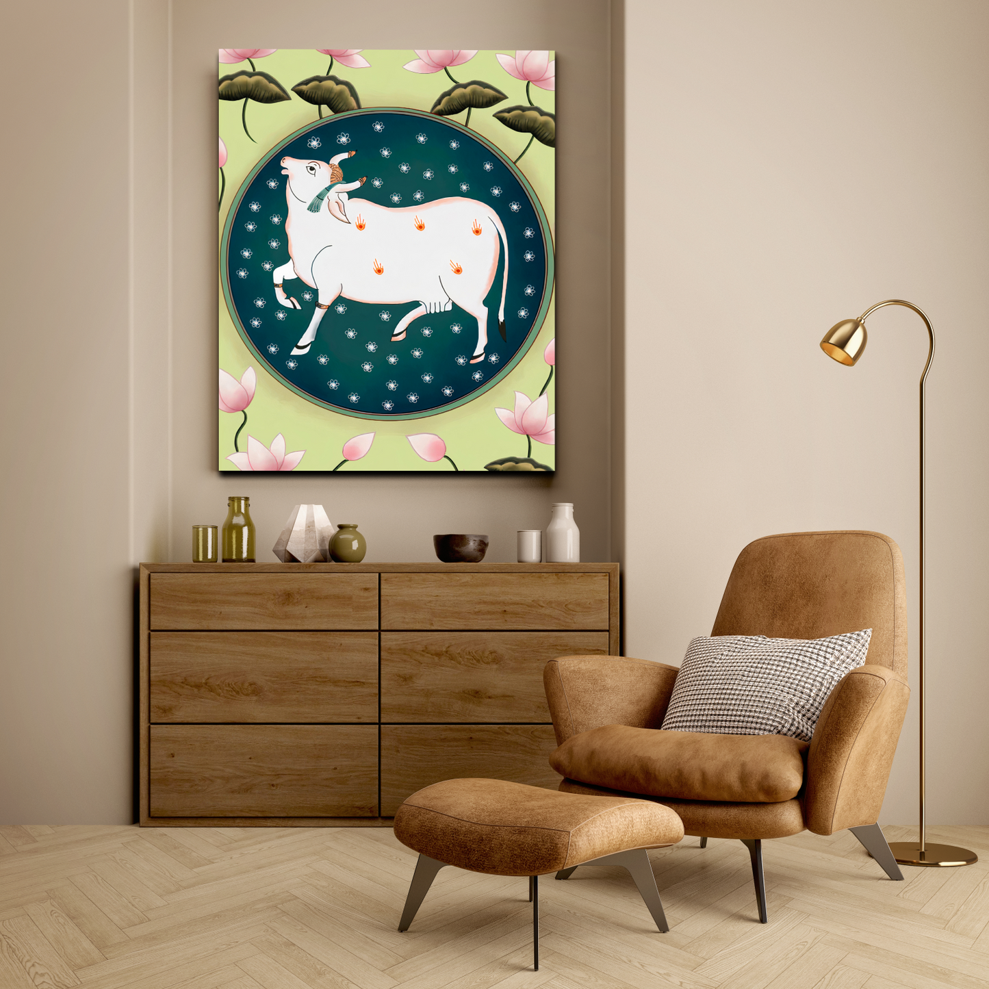 Cow and Lotus Pichwai Wood Print Wall Art