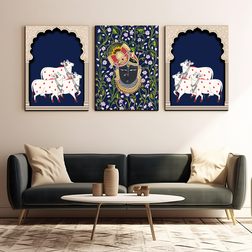 Set of 3 Shrinath Ji Pichwai Wood Print Wall Art-Blue