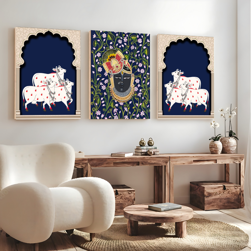 Set of 3 Shrinath Ji Pichwai Wood Print Wall Art-Blue