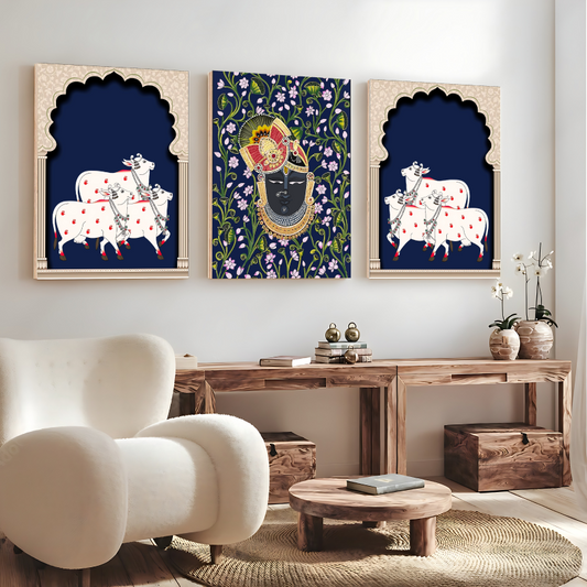 Set of 3 Shrinath Ji Pichwai Wood Print Wall Art-Blue