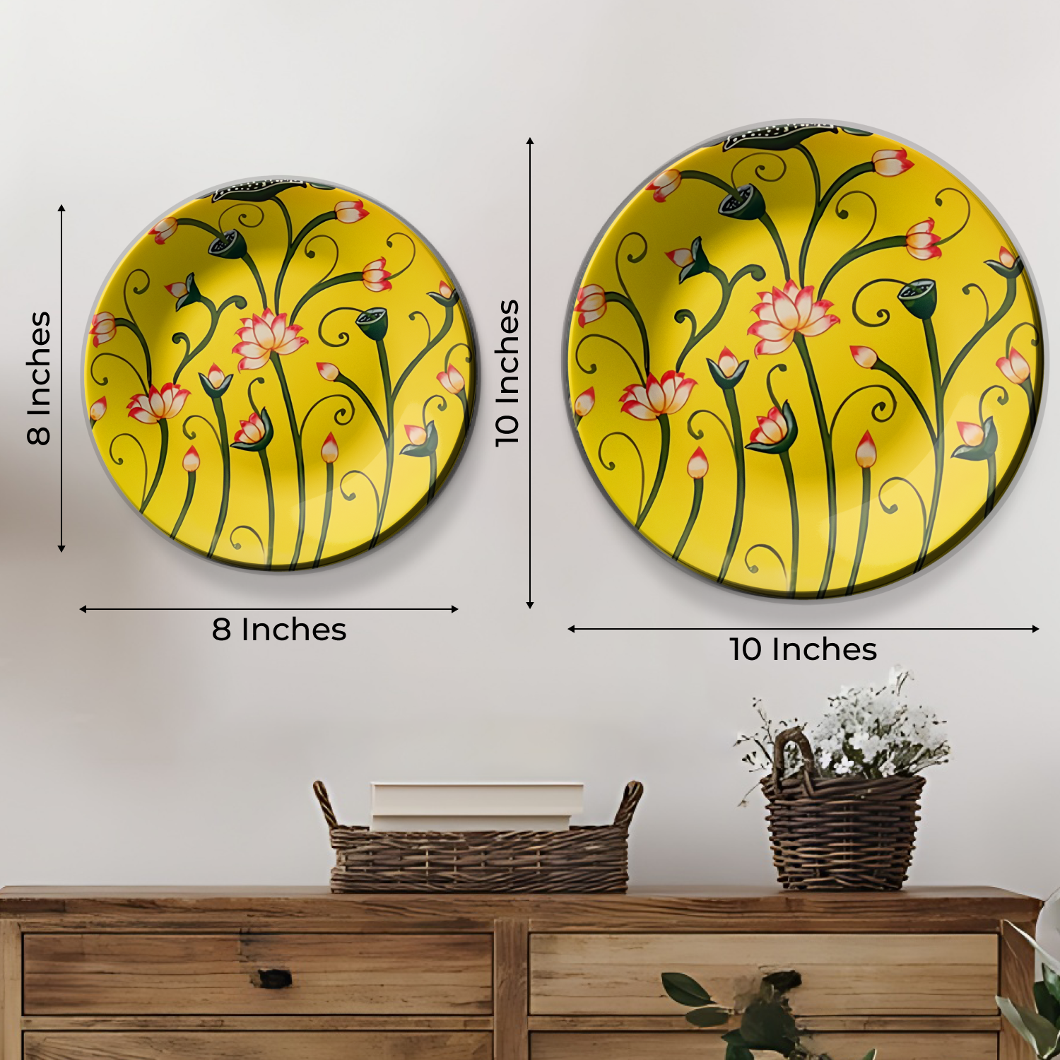 pink lotus yellow vintage wall plates