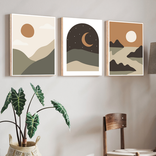 Moon Phase Boho Wood Print Wall Art Set of 3