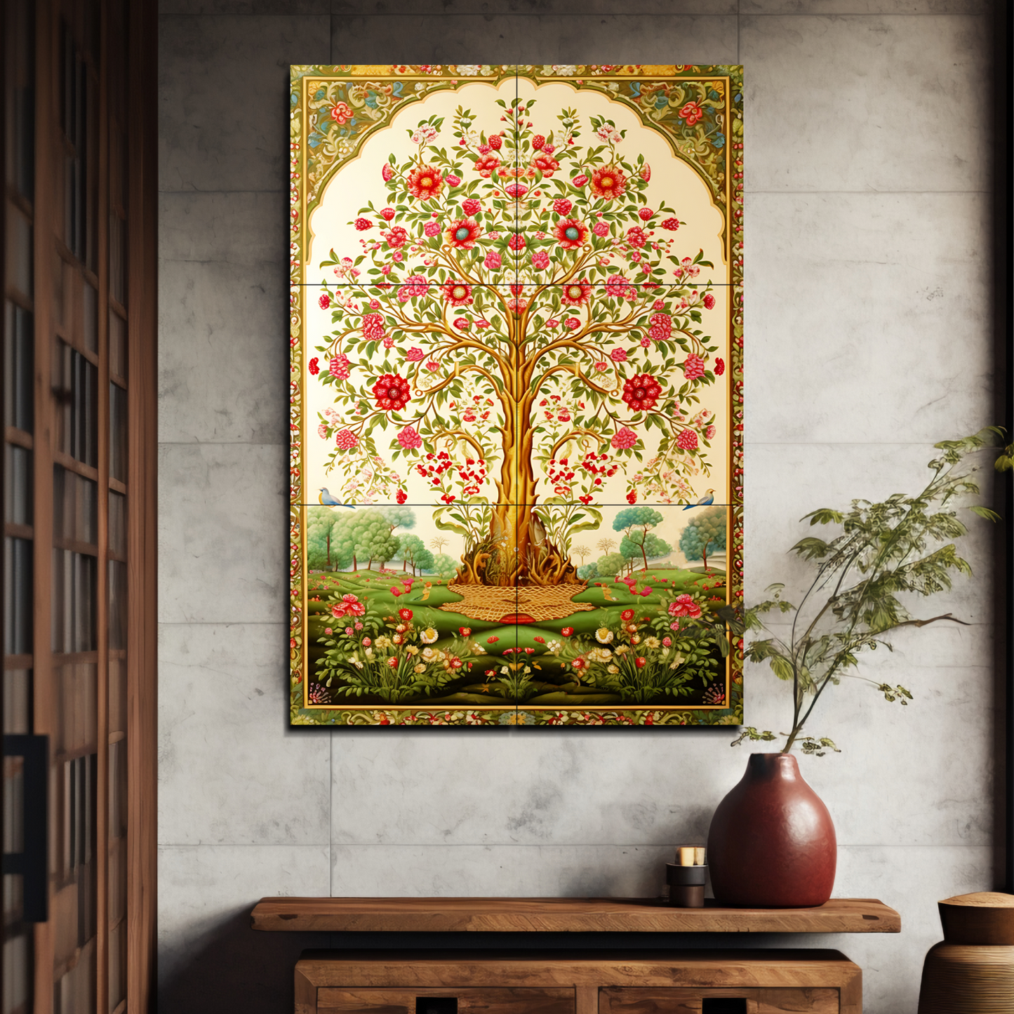 Tree of Life Pichwai Wood Print Luxury Wall Tiles Set