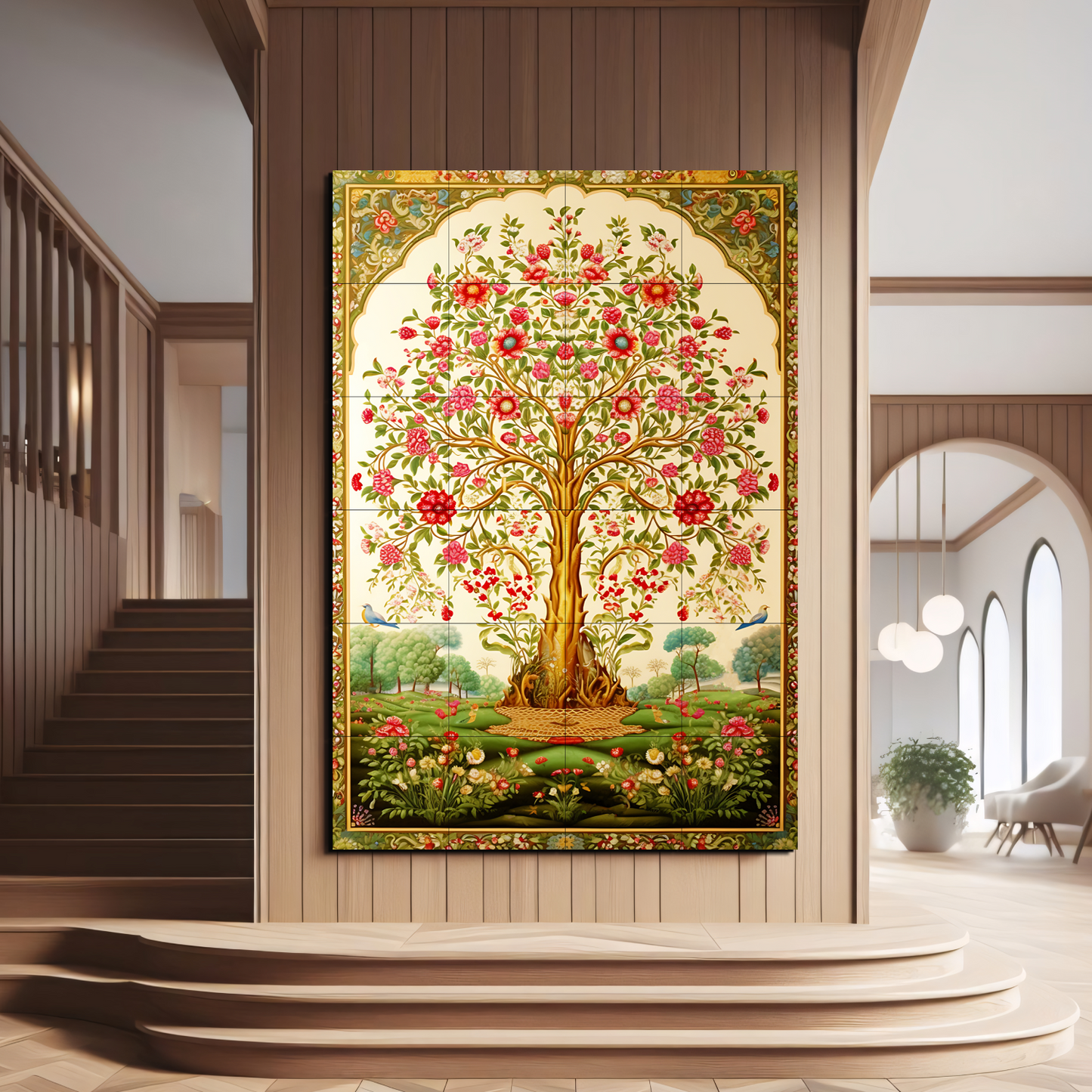 Tree of Life Pichwai Wood Print Luxury Wall Tiles Set