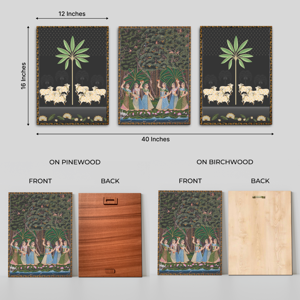 Gopis' Dance and Sacred Cow Pichwai Wood Print Wall Art Set of 3