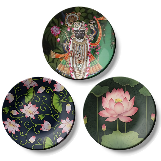Trio of Shrinath Ji and Lotus Pichwai Wall Plates Décor Pieces for Traditional Elegance