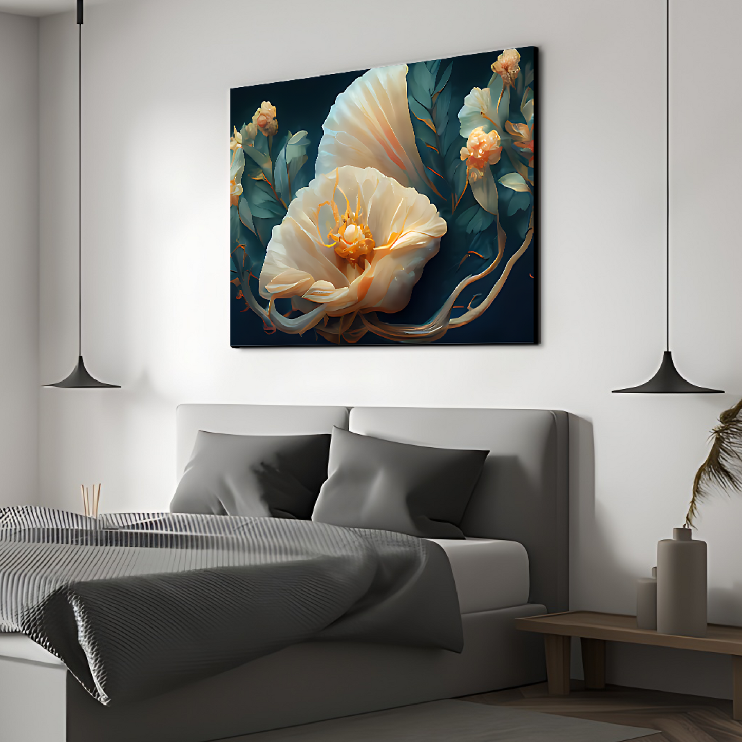 3D White Flowers Luxury Wall Painting