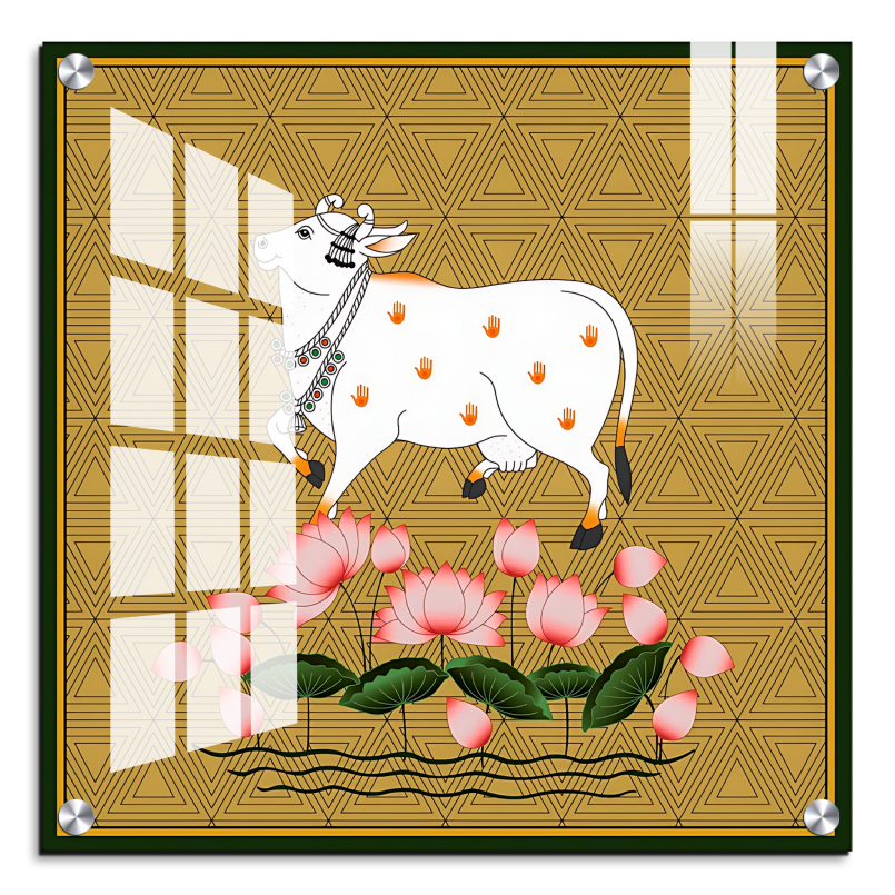 Sacred Cow Pichwai Wood Print Wall Art Gold