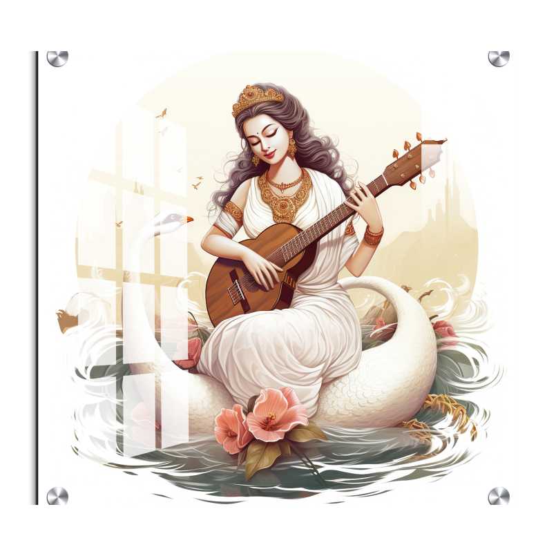 Goddess Saraswati Playing With Veena Wood Print Wall Art