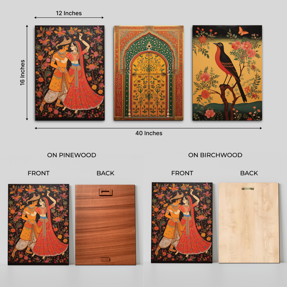 Traditional Rajasthani Couple Pichwai Wood Print Wall Art Set of 3