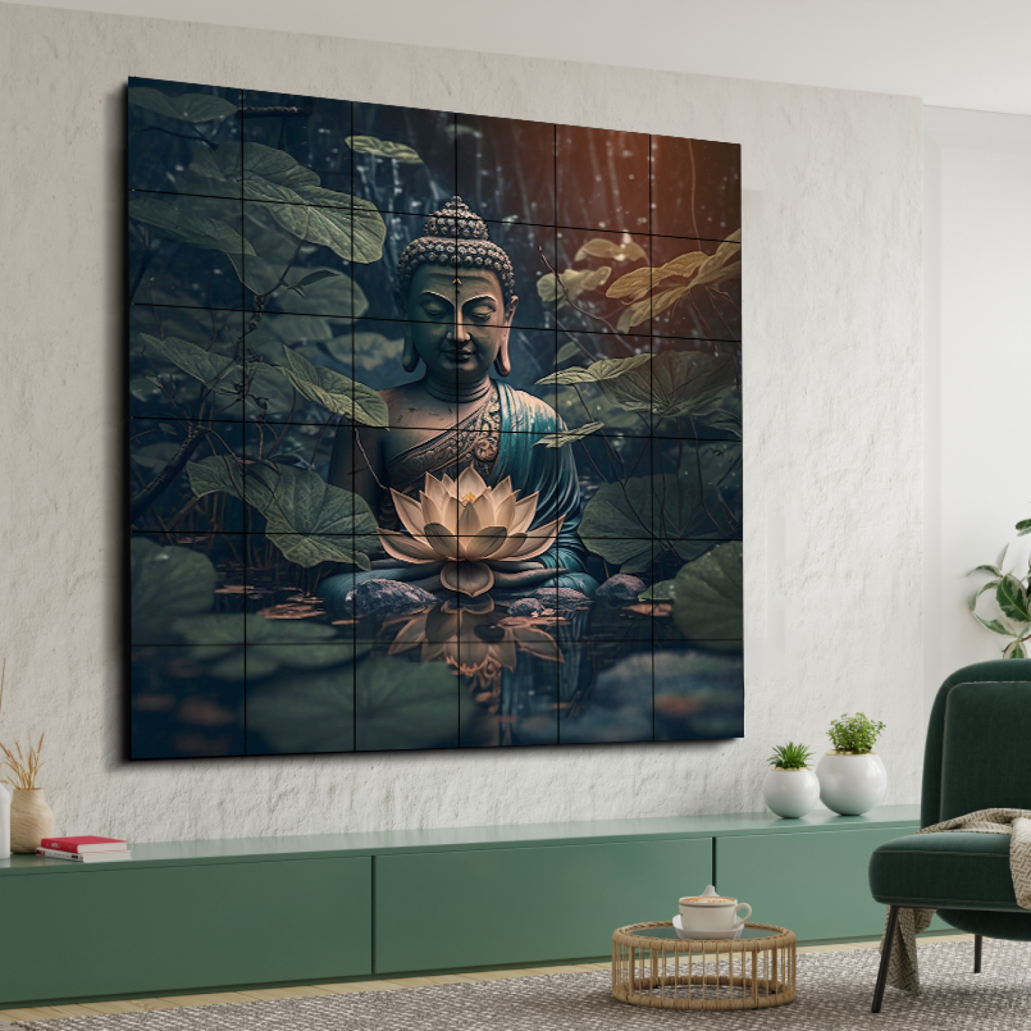 Buddha Meditating in Dark Wood Print Wooden Wall Tiles Set