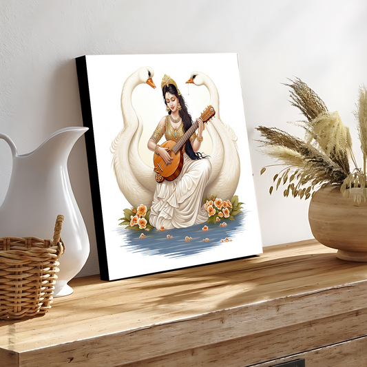 Goddess Saraswati With Veena Wood Print Wall Art