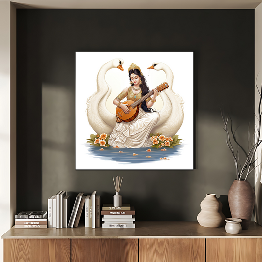 Goddess Saraswati With Veena Wood Print Wall Art