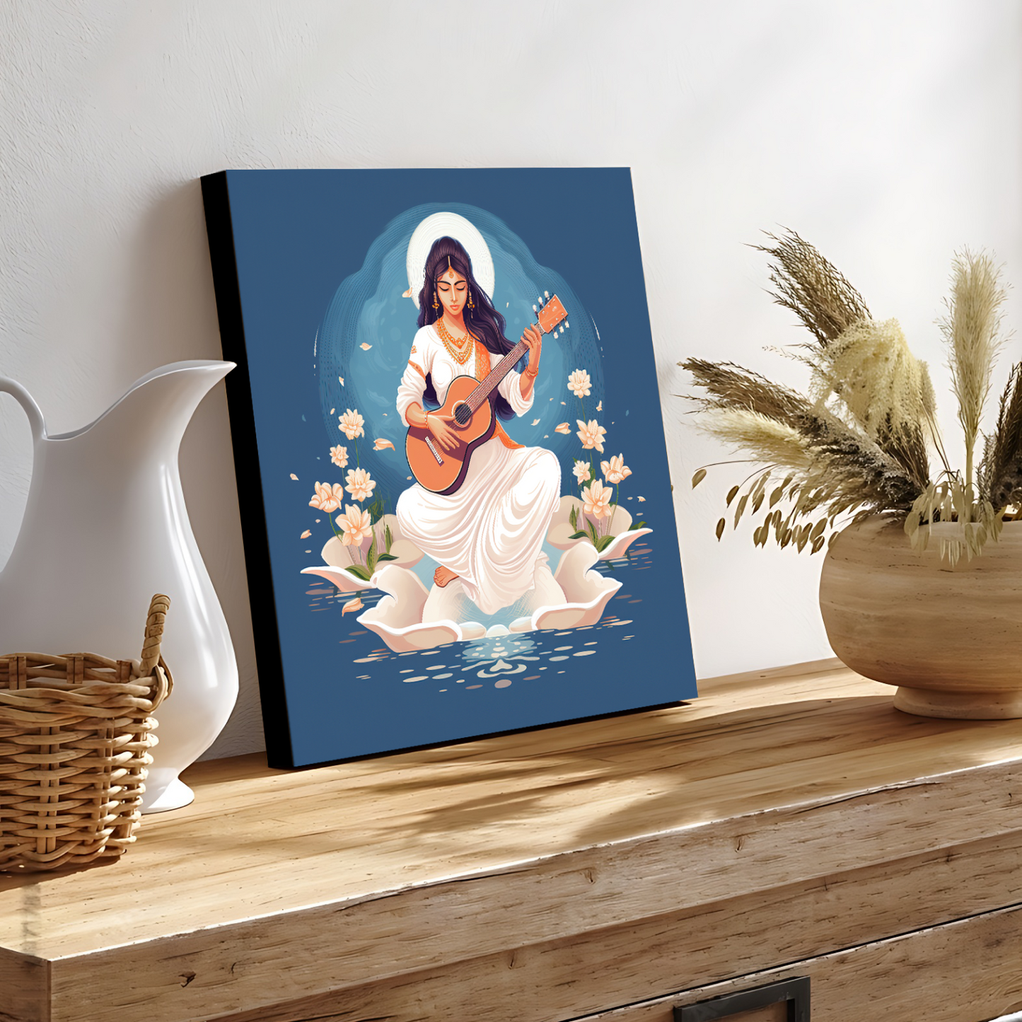 Goddess Saraswati Blue Wood Print Wall Art