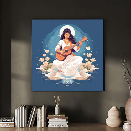 Goddess Saraswati Blue Wood Print Wall Art