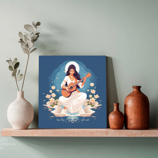 Goddess Saraswati Blue Wood Print Wall Art