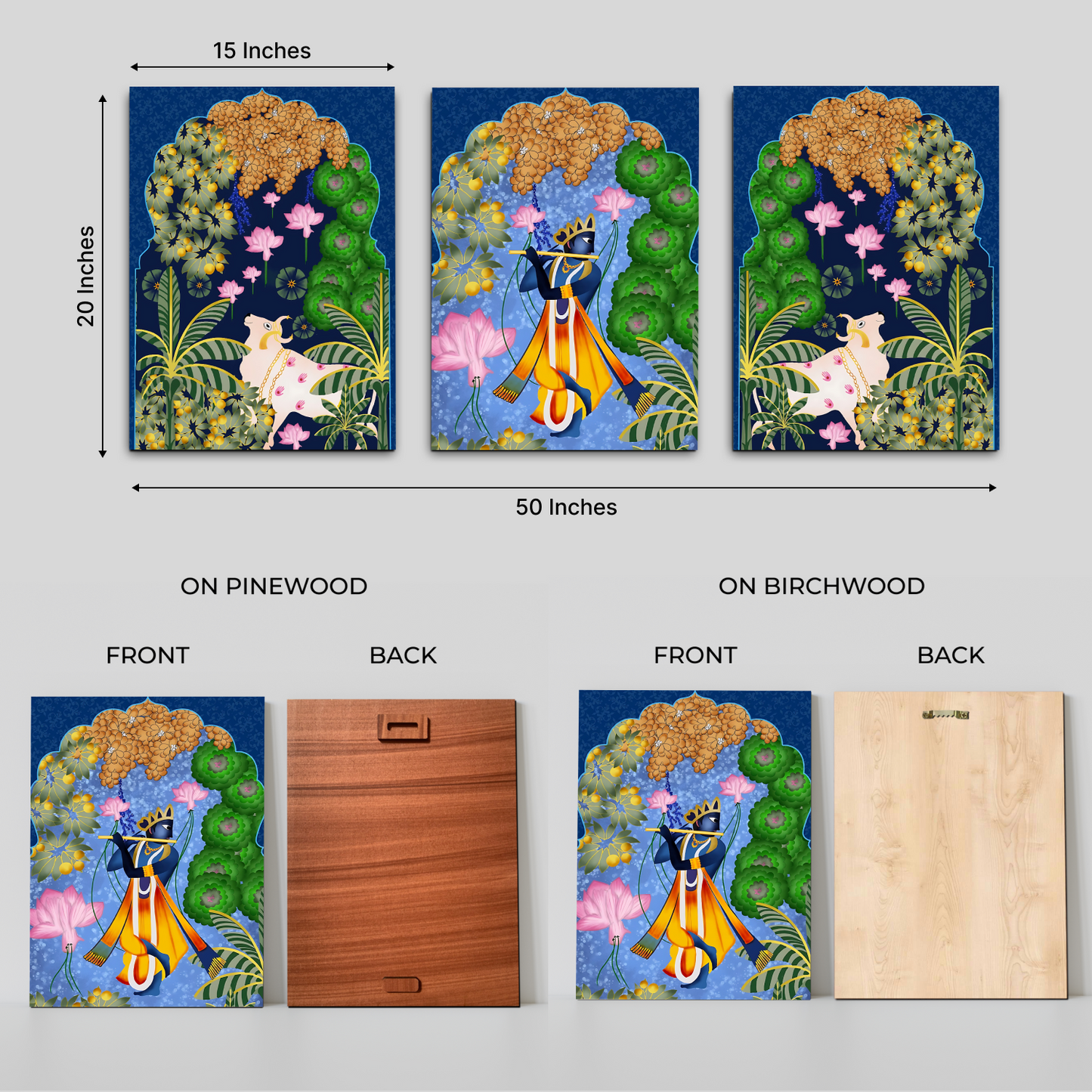 Set of 3 Krishna Ji Pichwai Wood Print Wall Art