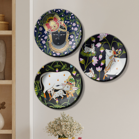 Set of 3 Shrinath Ji and Cow Pichwai Wall Plates Décor