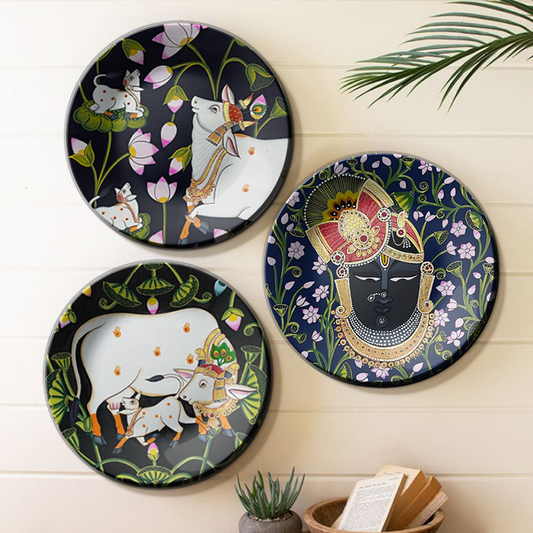 Set of 3 Shrinath Ji and Cow Pichwai Wall Plates Décor