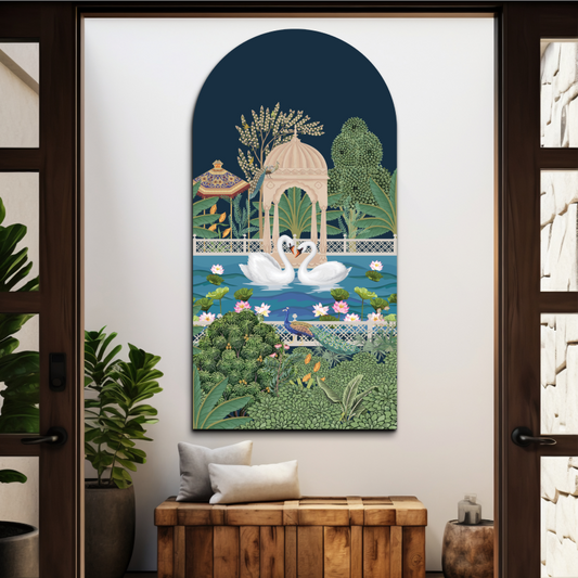 Swan Couple Arch Shape Luxurious Wood Print Wall Art