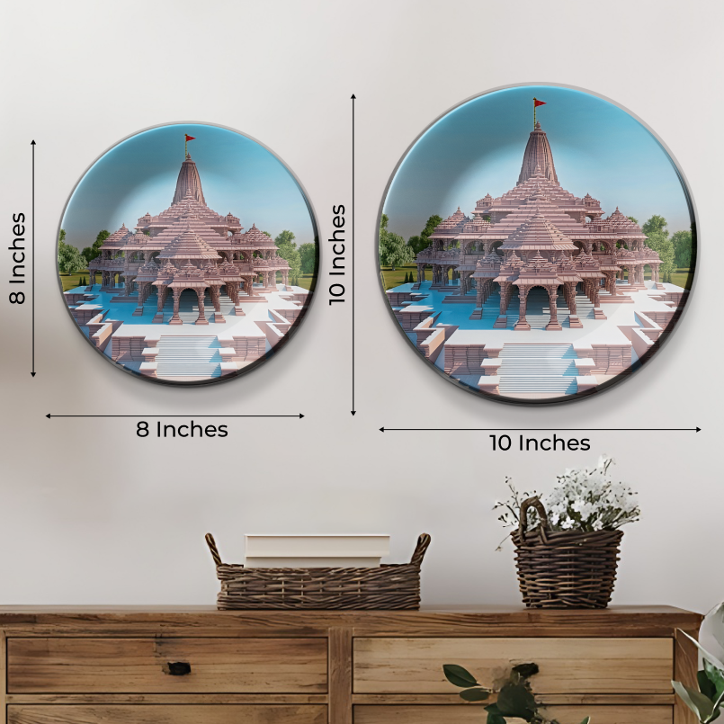 front view of ayodhya temple ceramic wall plate design