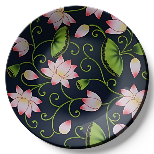 Pink Lotus and Leaves Black Wall Plate Home Décor