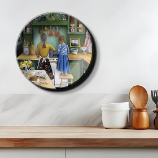 mother and daughter are cooking in the kitchen wall plate