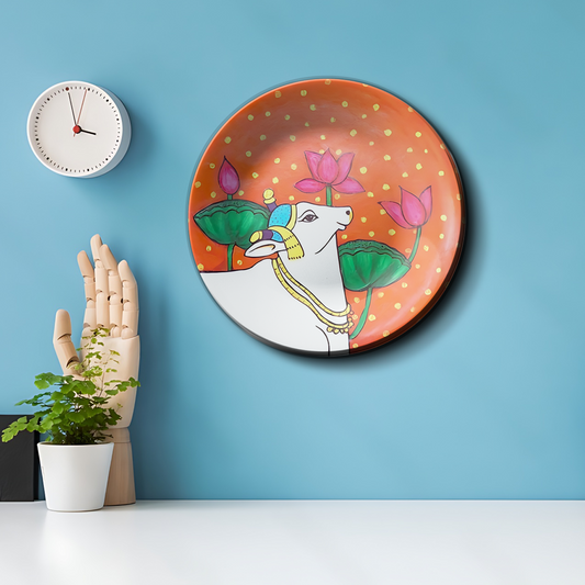 Kamdhenu cow and lotus Pichwai wall plate for home decor