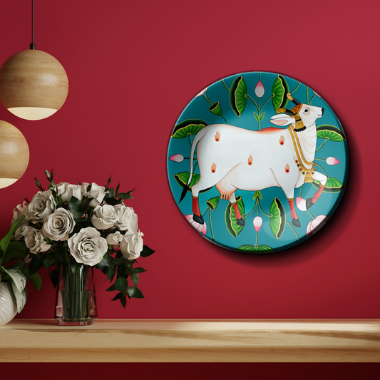 floral cow painted plate for home decor