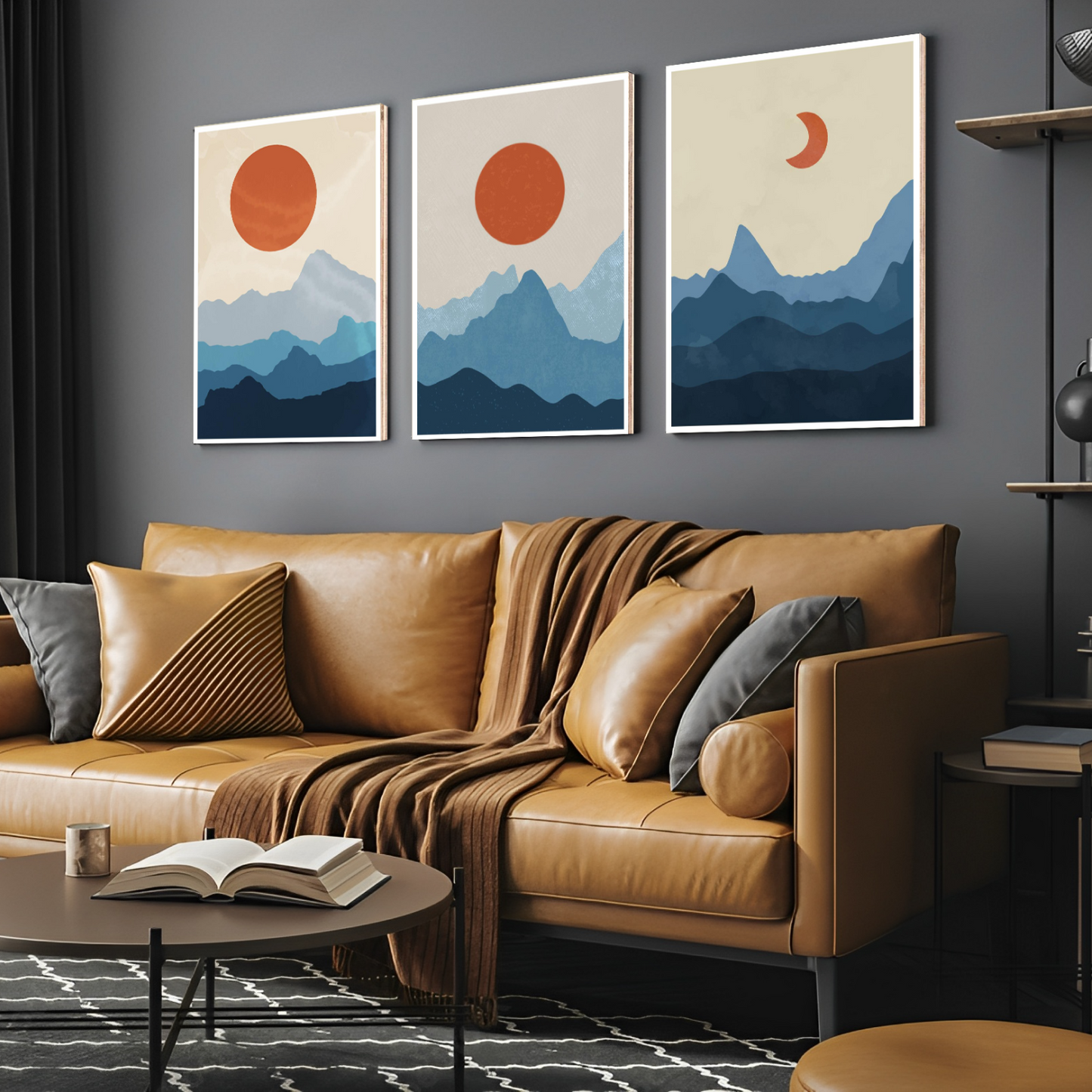 Blue Moon Phase Abstract Boho Wood Print Wall Art Set of 3