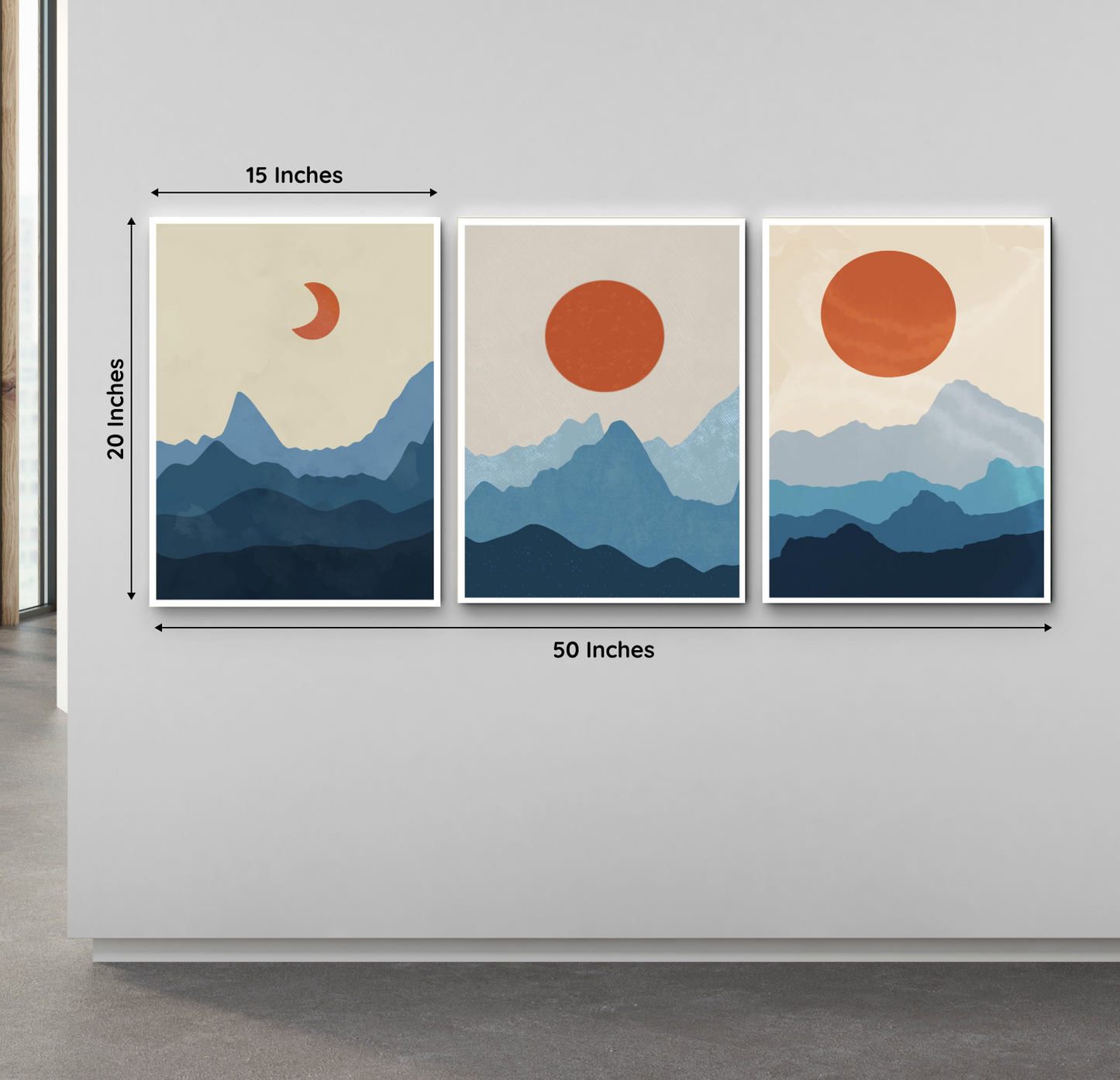 Blue Moon Phase Abstract Boho Wood Print Wall Art Set of 3