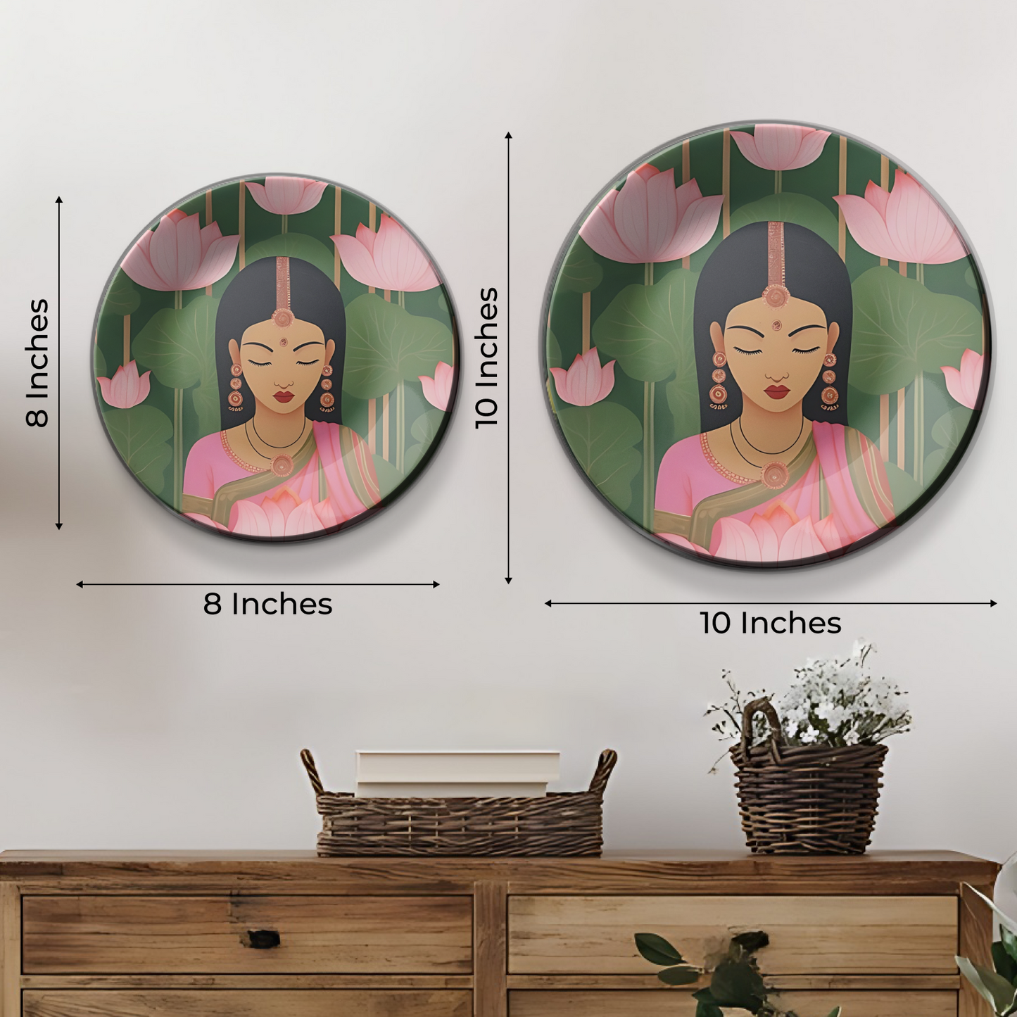 Authentic Set of 3 Lotus and Woman Wall Plates Décor Reflecting Natural Beauty and Grace
