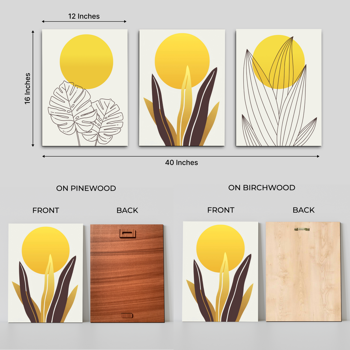 Yellow Botanical Wood Print Wall Art Set of 3