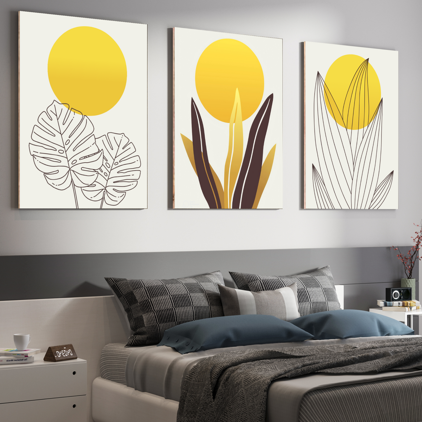 Yellow Botanical Wood Print Wall Art Set of 3