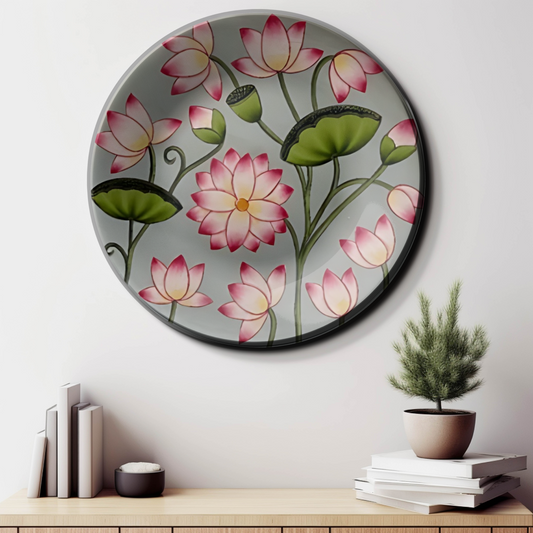 Pink Lotus and Green Leaves Wall Plate Décor