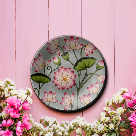 Pink Lotus and Green Leaves Wall Plate Décor
