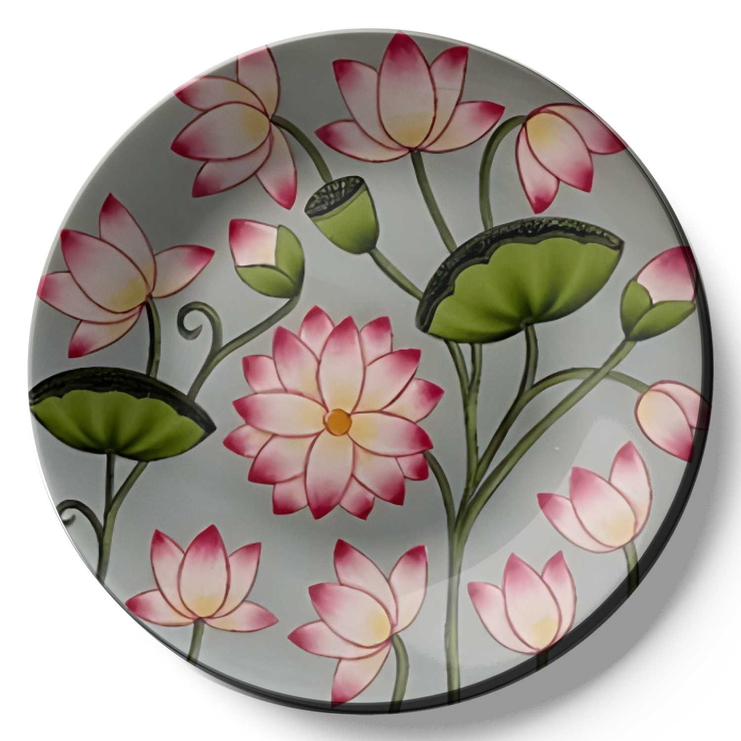 Interior Decoration wall plate art pink lotus and green leaves