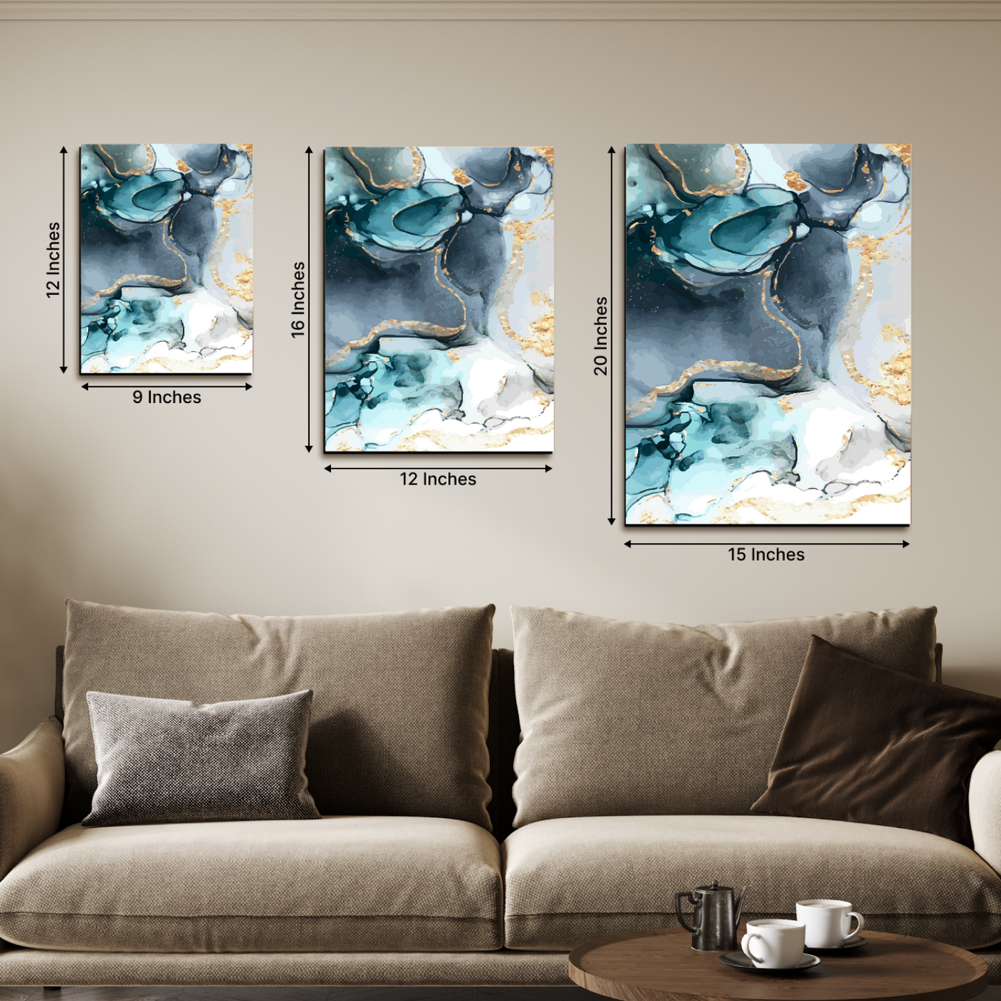 Abstract Blue and Gold Wood Print Wall Art Set of 3