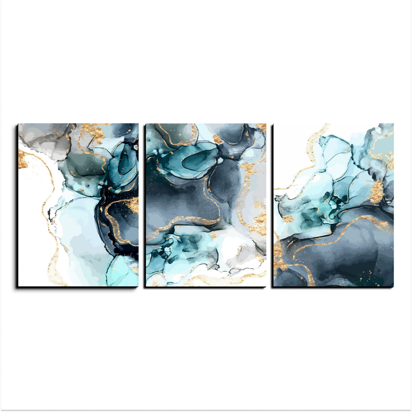 Abstract Blue and Gold Wood Print Wall Art Set of 3