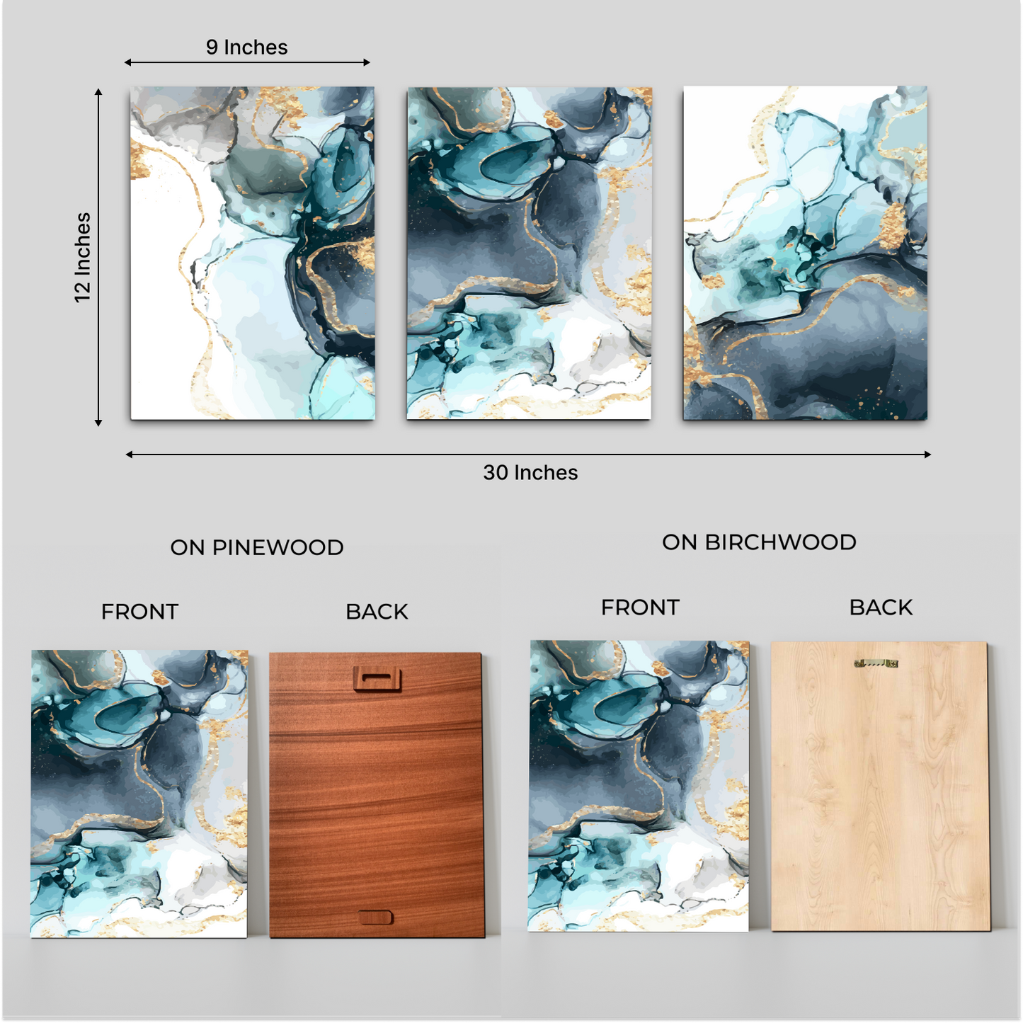 Abstract Blue and Gold Wood Print Wall Art Set of 3