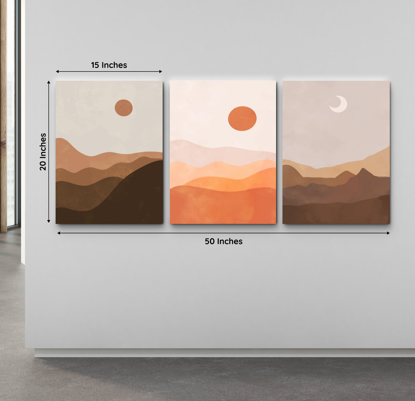 Moon Phase Abstract Boho Wood Print Wall Art Set of 3