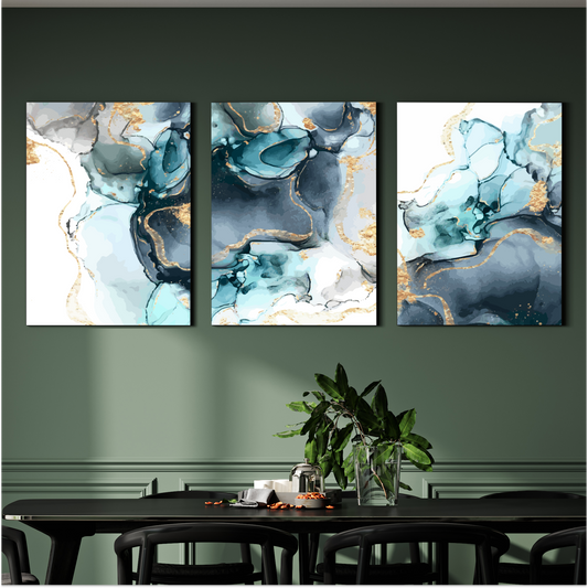 Abstract Blue and Gold Wood Print Wall Art Set of 3